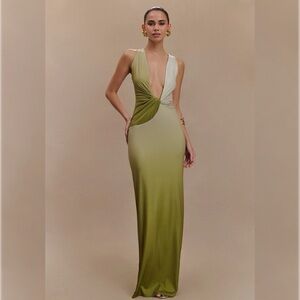 Meshki Olive Green and Cream Twist-Front Plunge Gown